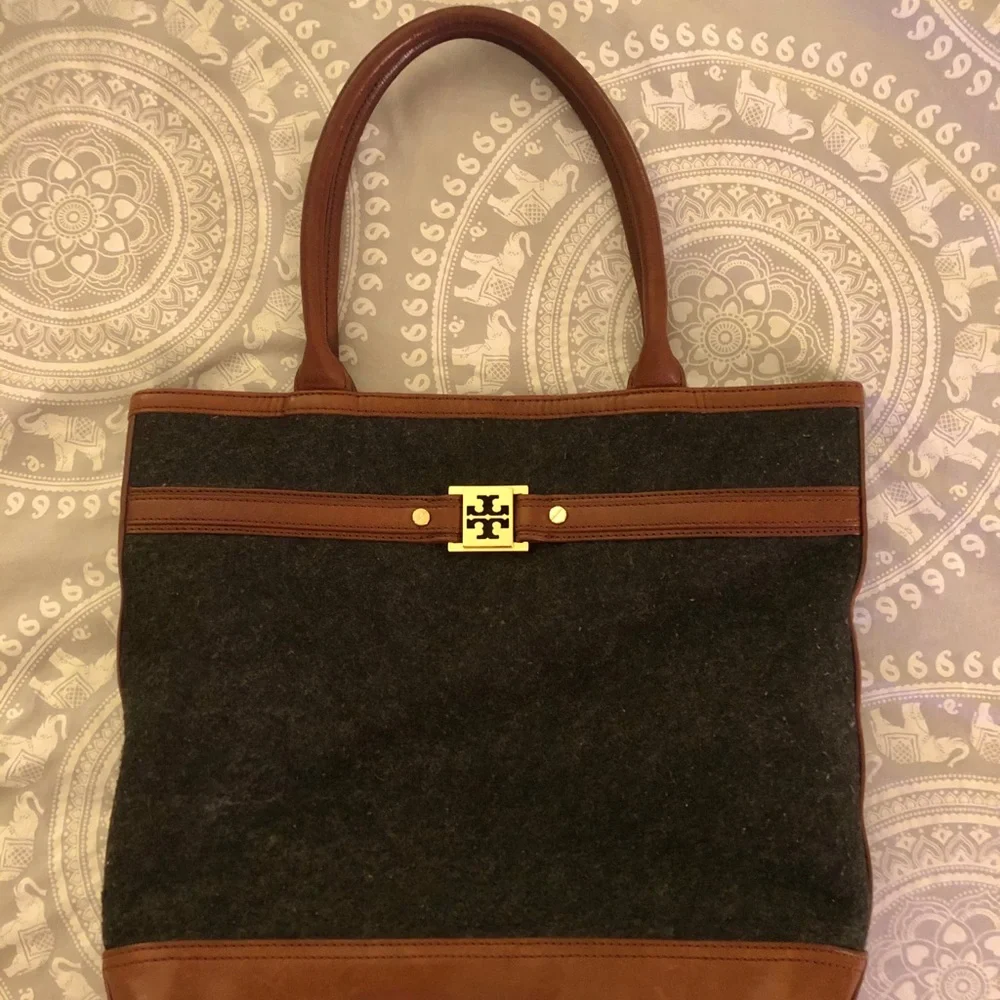 Tory Burch Brown Leather & Charcoal Felt Tote